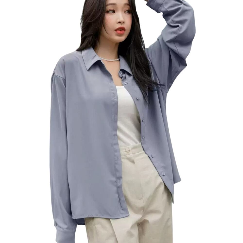 DAZY Periwinkle Blue Drop Shoulder Button Down Long Sleeve Shirt Blouse size L